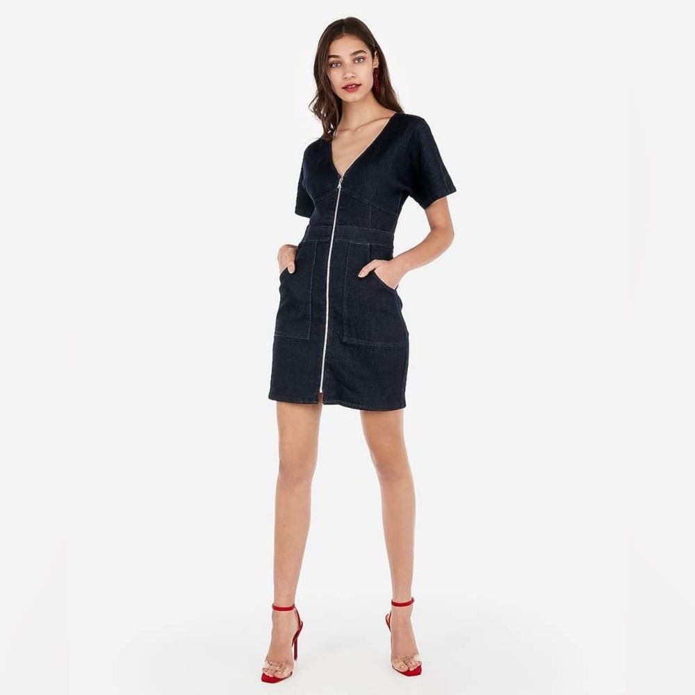 Express Blue Jean Denim Mini Dress Zip Front Patch Pocket - Medium